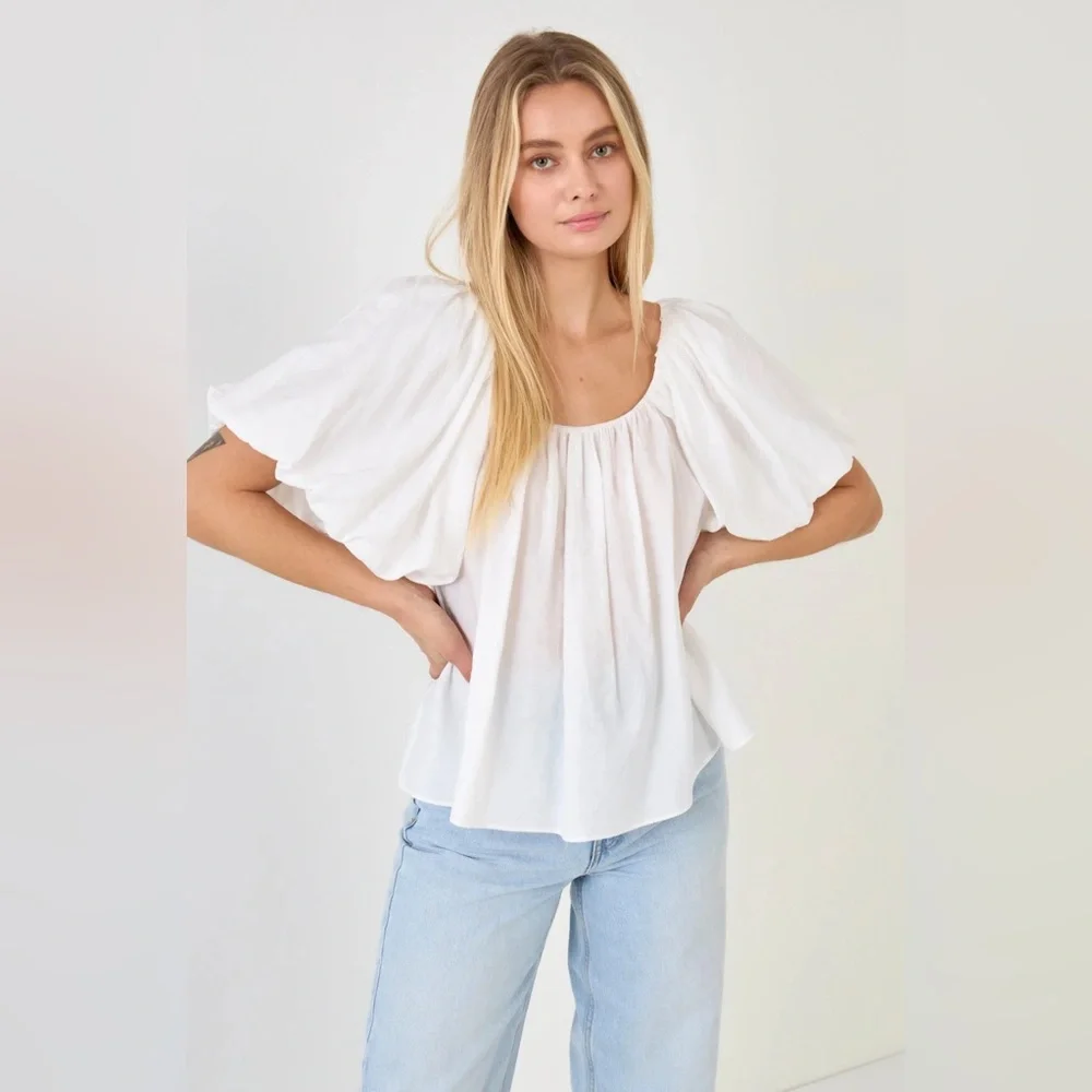 Anthropologie Endless Rose Pleated Puff Sleeve Top Size Medium